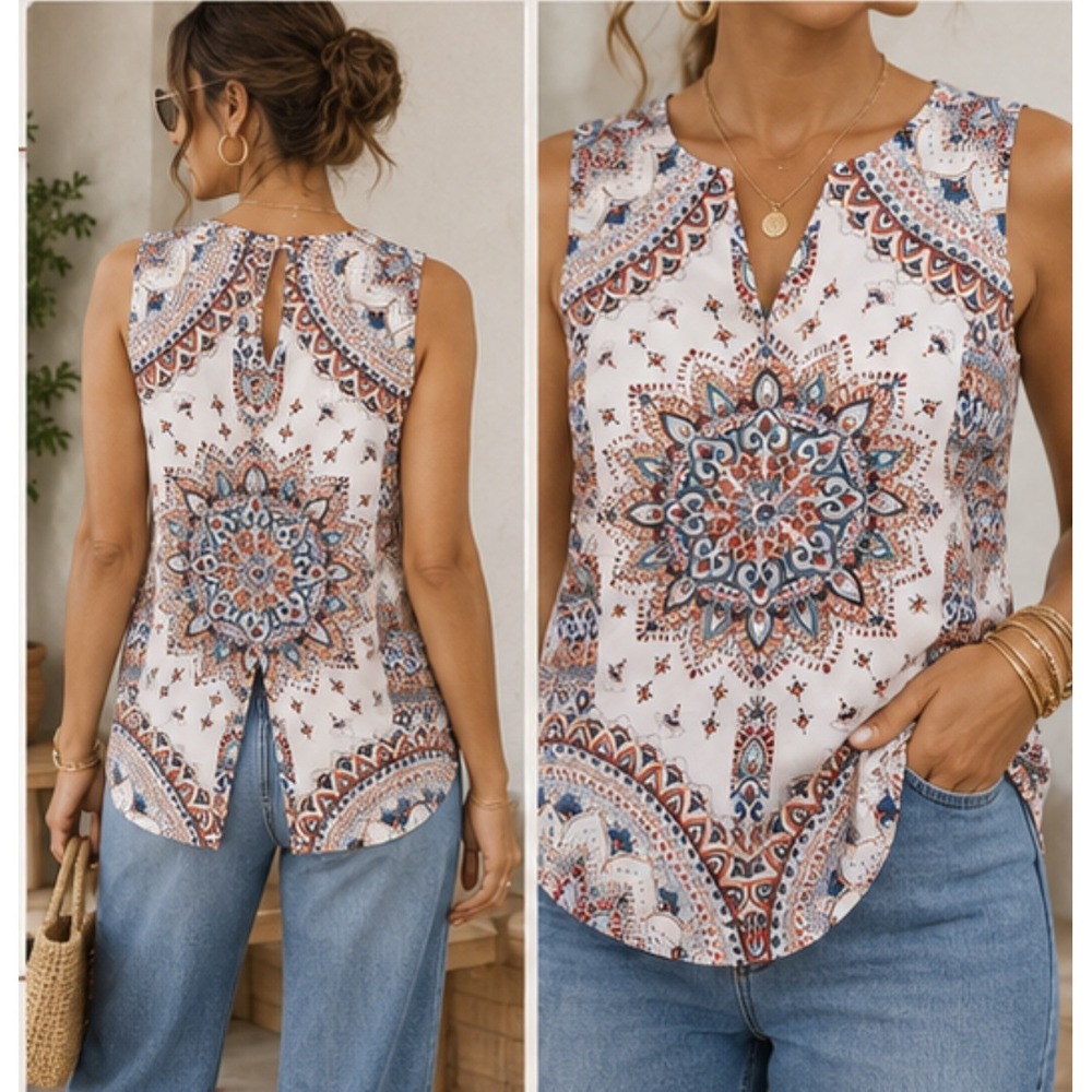 Verse Womens L Split Neck Jory Top Boho Medallion Print Sleeveless Blouse USA